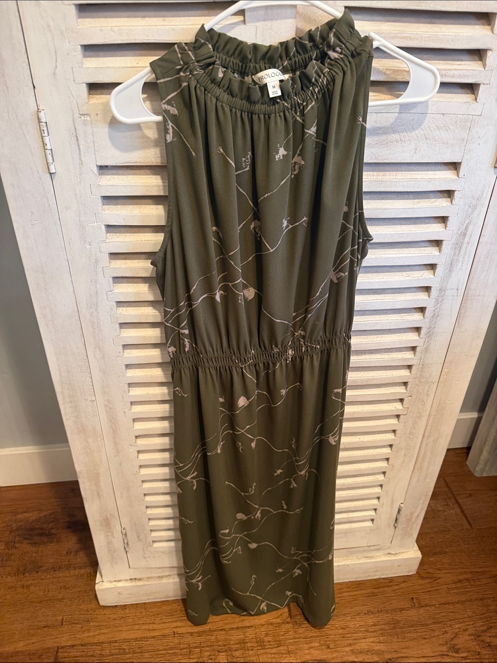 Prologue Olive Green Sleeveless Dress with cream Vine Print, sleeveless